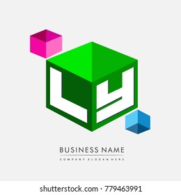 Letter LY logo in hexagon shape and green background, cube logo with letter design for company identity.
