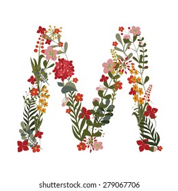 Letter M - 13 letter of the alphabet. Vector hand-drawn monogram composed of flowers, branches and leaves on a white background.