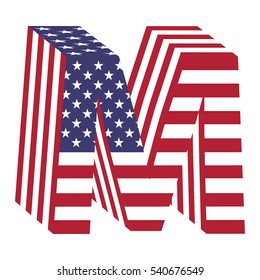 Letter M from 3d with American flag texture wrapped. Volume USA vector font