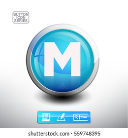 Letter M in 3D Glossy Blue Button for web Icon, Education Icon and Alphabet Icon. Vector Illustration