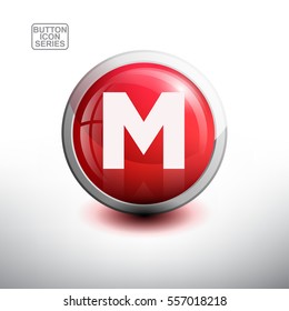 Letter M in 3D Glossy Red Button for web Icon, Education Icon and Alphabet Icon. Vector Illustration