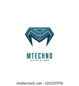 Letter M 3d technology logo, futuristic M tech symbol icon
