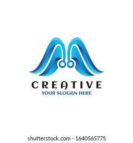 Letter M abstract elegant logo. Blue wings design