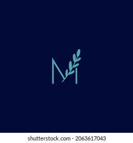 letter M with an abstract leaf and curved line, logo design, isolated on white background.