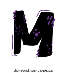 Letter M - abstract vector black font with purple dots, stripes, lines, spots. Abc, alphabet isolated on white background. Perfect illustration for your design - print, poster, card, logo, label
