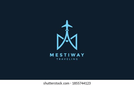 letter M with airplane fly travel transportation logo icon vector illustration design