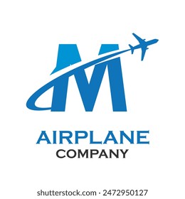 Letter m with airplane logo template illustration. suitable for transportation, brand, travel, agency, web, label, network, marketing etc