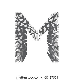 The letter M, in the alphabet broken 3d perspective set silver color isolated on white background