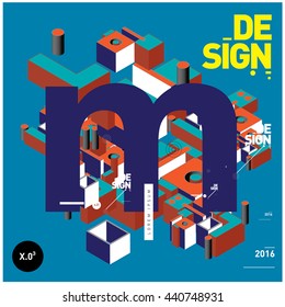 Letter M alphabet with colorful abstract isometric background illustration. Space layout and design template. Composition for poster and publication design.