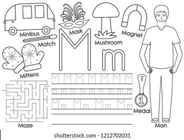 Letter M. Alphabet. English language. Writing practice and coloring book.