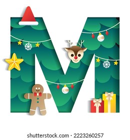 Letter M Alphabet Font Cute Merry Christmas Concept Reindeer Star Gift Gingerbread Man Christmas Tree Character Font Christmas Hat Element Cartoon Green 3D Paper Layer Cutout Card Vector Illustration