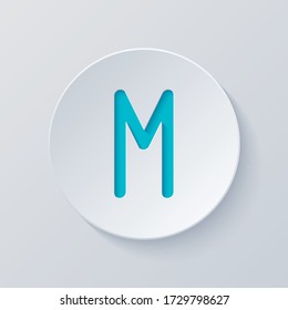 Letter M of alphabet, isolated outline symbol. Cut circle with gray and blue layers. Paper style