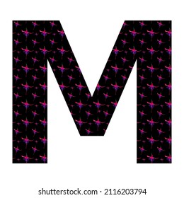 letter M of the alphabet made with a pattern of pink fuchsia flowers on a black background, isolated on white background, vector. with colors pink, red, purple, black and white