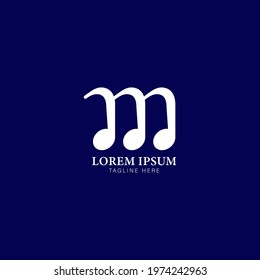 Letter M Alphabet Music Logo Design. Initial and Musical Note logo concept isolated on Navy Blue Color Background.