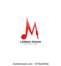 Letter M Alphabet Music Logo Design Isolated on white background. Initial, Musical Note and Audio cable jack logo concept. Orange color theme