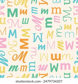 Letter M Alphabet seamless pattern playful decorative repeat backdrop background colorful decoration wrapping paper initial baby