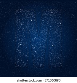 Letter M alphabet with shiny stars, glitters, dots, points on the dark blue night sky. Letters for party, birthday, anniversary or festive. Shining font, type, typeset of sparkles. Vector template.