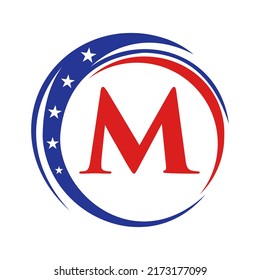 Letter M America Logo USA Flag. Patriotic American Logo Design On Letter M Template 