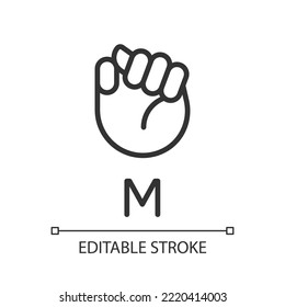 Letter M in American sign language pixel perfect linear icon. Communication system. Thin line illustration. Contour symbol. Vector outline drawing. Editable stroke. Arial font used