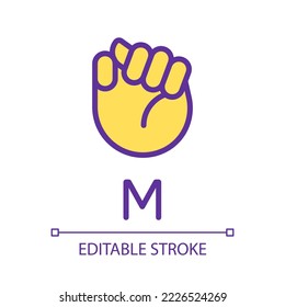 Letter M in American sign language pixel perfect RGB color icon. Nonverbal communication system. Isolated vector illustration. Simple filled line drawing. Editable stroke. Arial font used