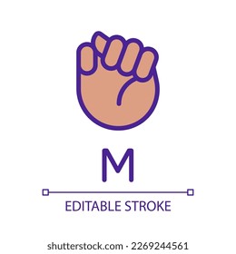 Letter M in American sign language pixel perfect RGB color icon. Nonverbal communication system. Isolated vector illustration. Simple filled line drawing. Editable stroke. Arial font used