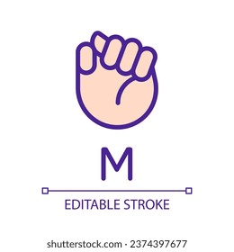 Letter M in American sign language pixel perfect RGB color icon. Nonverbal communication system. Isolated vector illustration. Simple filled line drawing. Editable stroke. Arial font used