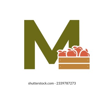 Buchstabe m mit Apfelkiste. Logo für Obst und Bio-Lebensmittel Ernte- und Gartendesign. isoliertes Vektorbild