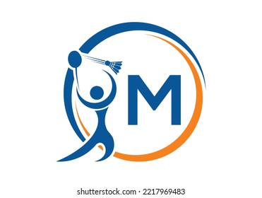 Letter M Badminton Logo Concept With Moving Badminton Icon. Badminton Sports Logotype Symbol Vector Template.