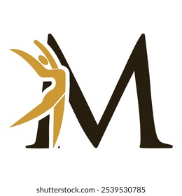 Letra con M Ballet Dancer Logo Design. Vector de icono de logotipo de bailarina