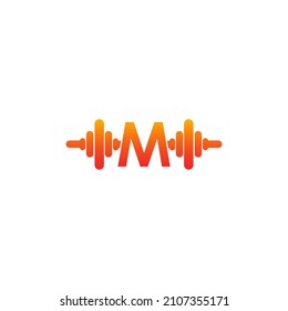 Letter M with barbell icon fitness design template illustration vector