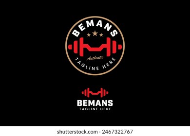 letter m with barbell logo design for gym fitness power sport