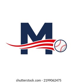 Letter M Baseball Logo Concept With Moving Baseball Icon Vector Template