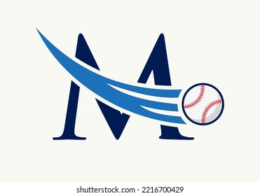 Letter M Baseball Logo Concept With Moving Baseball Icon Vector Template
