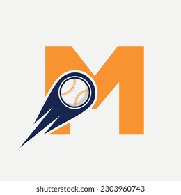 Letter M Baseball Logo Concept With Moving Baseball Icon Vector Template