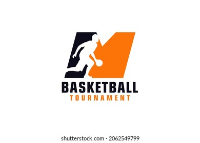 Letter M with Basketball Logo Design. Vector Design Template Elements for Sport Team or Corporate.