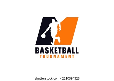 Letter M with Basketball Logo Design. Vector Design Template Elements for Sport Team or Corporate.