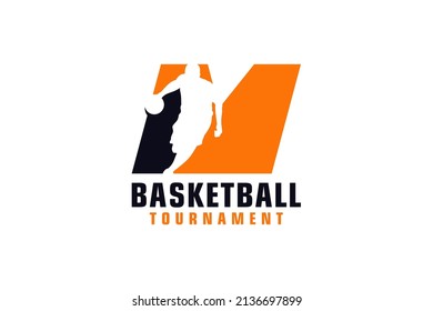 Letter M with Basketball Logo Design. Vector Design Template Elements for Sport Team or Corporate.