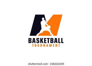 Letter M with Basketball Logo Design. Vector Design Template Elements for Sport Team or Corporate.