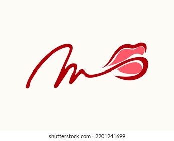 Letter m, beauty studio signature logo.Cosmetics, spa, makeup lettering icon isolated on light fund.Handwritten alphabet initial.Beautiful lips and red lipstick.Luxury,glamour style.