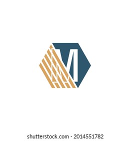 Letter M behind the hexagon with strip design vector