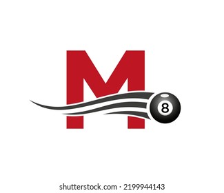 Letter M Billiards or Pool Game Logo Design For Billiard Room or 8 Ball Pool Club Symbol Vector Template