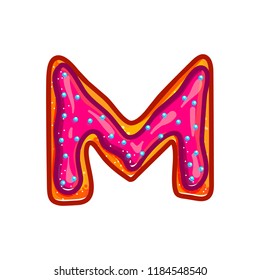 Letter M. Biscuit with glaze and confetti. Sweet donuts bakery font. Christmas cookies. Vector cartoon alphabet isolated on white background.  Hand drawn colored illustration. 