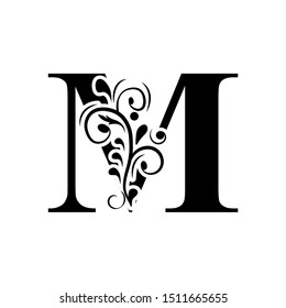 letter M. Black flower alphabet.  Beautiful capital letters.