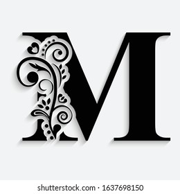 letter M. Black flower alphabet.  Beautiful capital letters with shadow