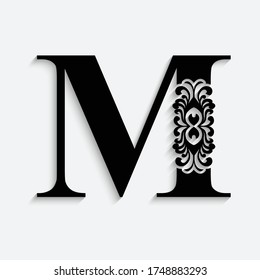 letter M. Black flower alphabet.  Beautiful capital letters with shadow