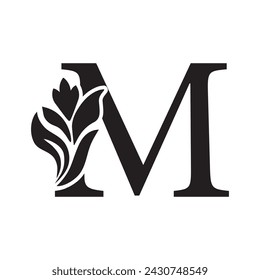 letter M. Black flower alphabet.  Beautiful capital letters with shadow