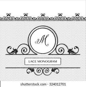 Letter M black lace monogram, stitched on seamless tulle background with antique style floral border. EPS10 vector format.