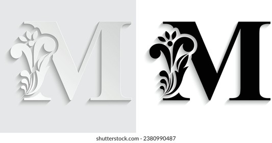 Buchstabe M Blumenalphabet Schwarz und Papier. Schöne Großbuchstaben mit Schatten