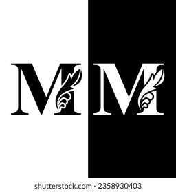 letter M black and white. flower  letters. Vintage ornament initial Alphabet. Logo vector 
