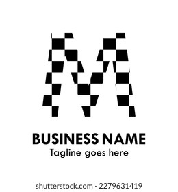 letter m with black and white squares. suitable for chess and racing or something else